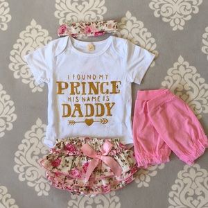 “I Found My Prince His Name Is Daddy” Baby Girl Set Pink, White Onesie, Skirt